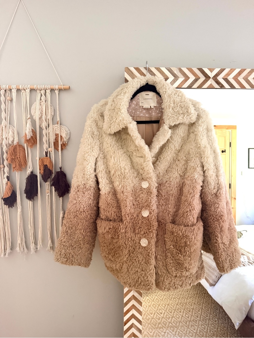 Anthropology Ombre Faux Fur Jacket - Cream to Tan